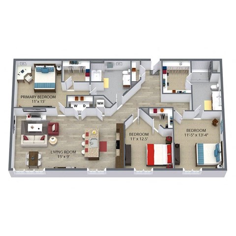 Floor plan for 3 beds, 2 baths, 1504 sqft